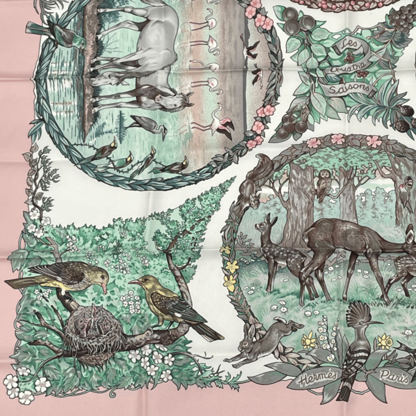 Hermes Carre 90 les Quatre Saisons Four Seasons Brown Animal Flower Scarf Silk — view 4