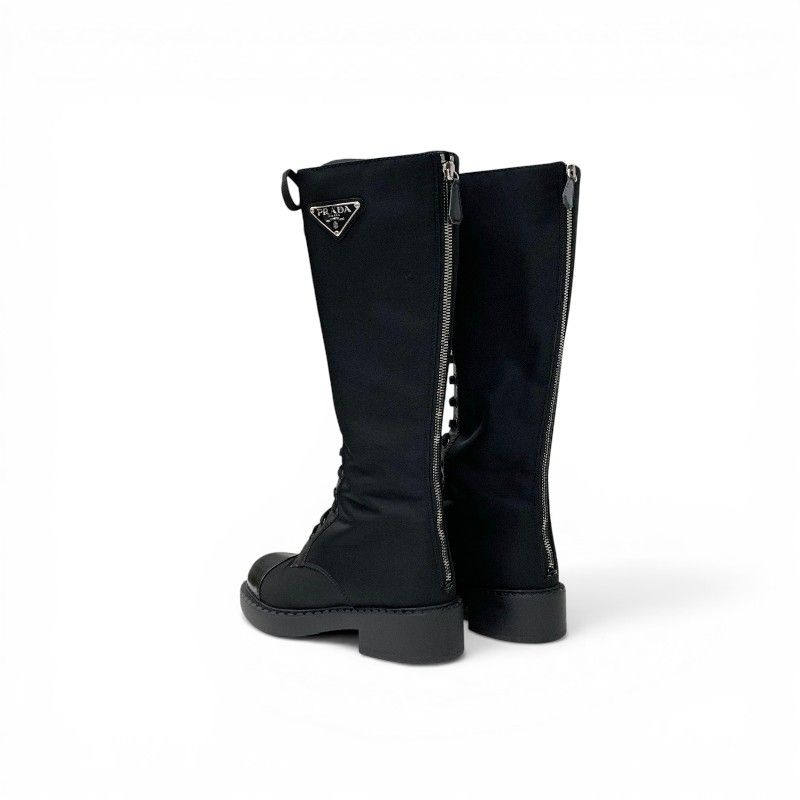 Prada Boots Long Shoes Nylon Leather Black Re-Nylon Triangle Logo Lace — view 4