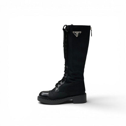 Prada Boots Long Shoes Nylon Leather Black Re-Nylon Triangle Logo Lace — view 3