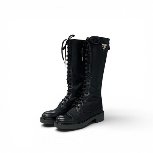 Prada Boots Long Shoes Nylon Leather Black Re-Nylon Triangle Logo Lace