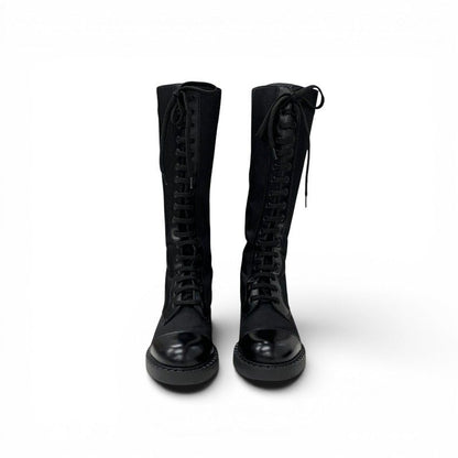 Prada Boots Long Shoes Nylon Leather Black Re-Nylon Triangle Logo Lace — view 2