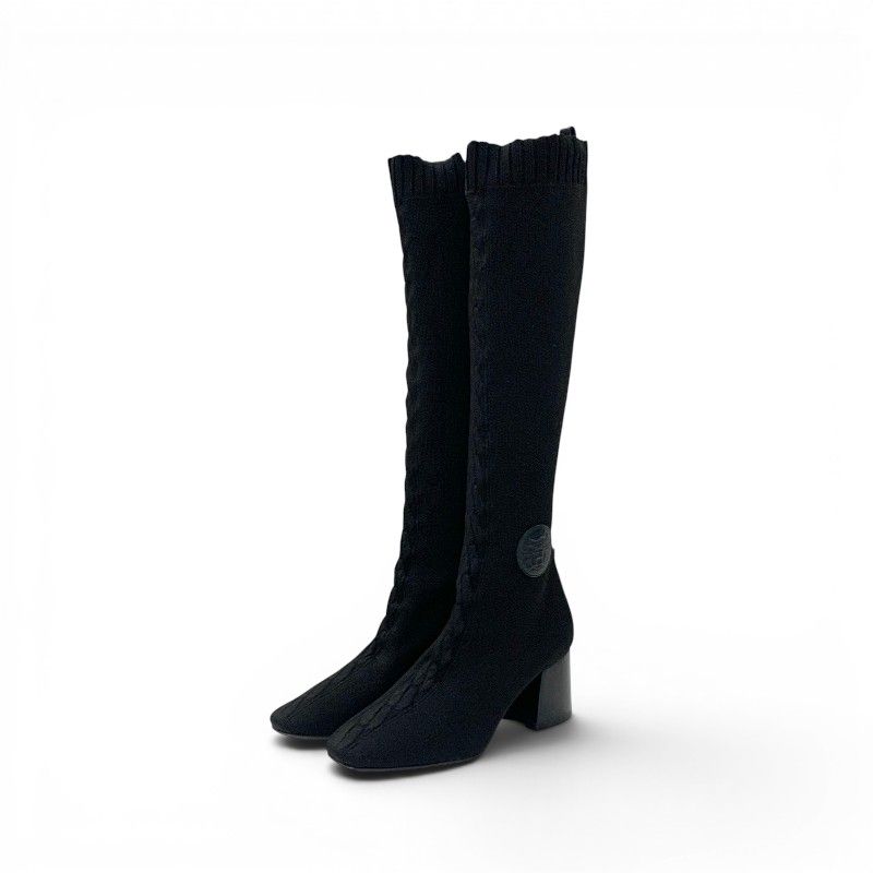 Hermes Fontaine Boots Long Shoes Fabric Leather Black Knit Exlibris
