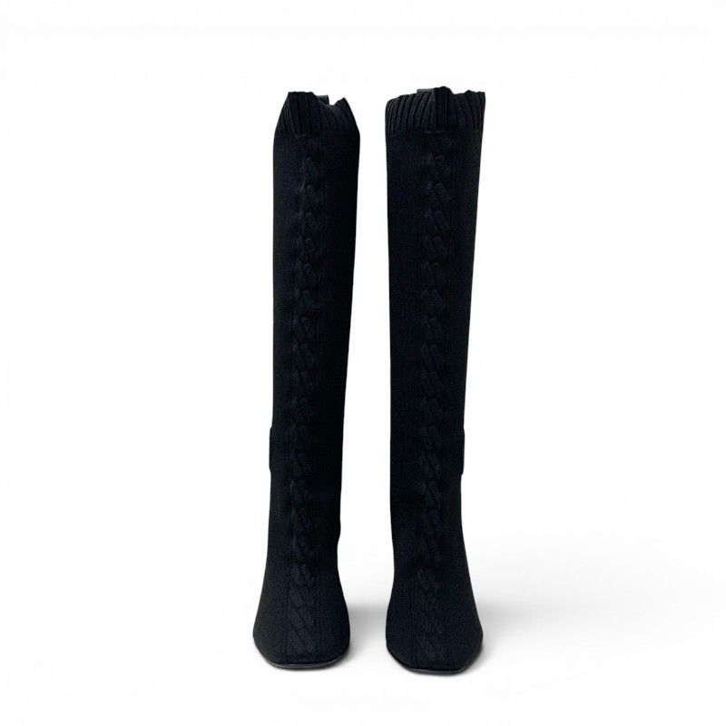 Hermes Fontaine Boots Long Shoes Fabric Leather Black Knit Exlibris — view 2