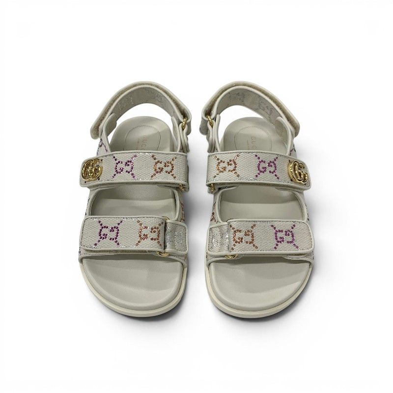 Gucci Double Sandals Shoes Fabric Leather Ivory Multicolor GG Marmont Rhinestone — view 2