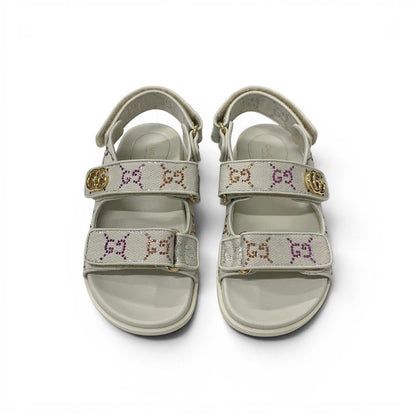 Gucci Double Sandals Shoes Fabric Leather Ivory Multicolor GG Marmont Rhinestone — view 2