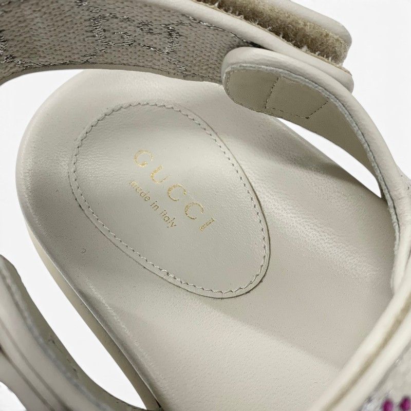 Gucci Double Sandals Shoes Fabric Leather Ivory Multicolor GG Marmont Rhinestone — view 7