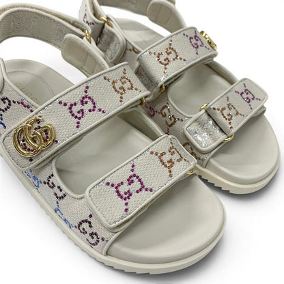 Gucci Double Sandals Shoes Fabric Leather Ivory Multicolor GG Marmont Rhinestone — view 9