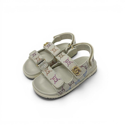 Gucci Double Sandals Shoes Fabric Leather Ivory Multicolor GG Marmont Rhinestone