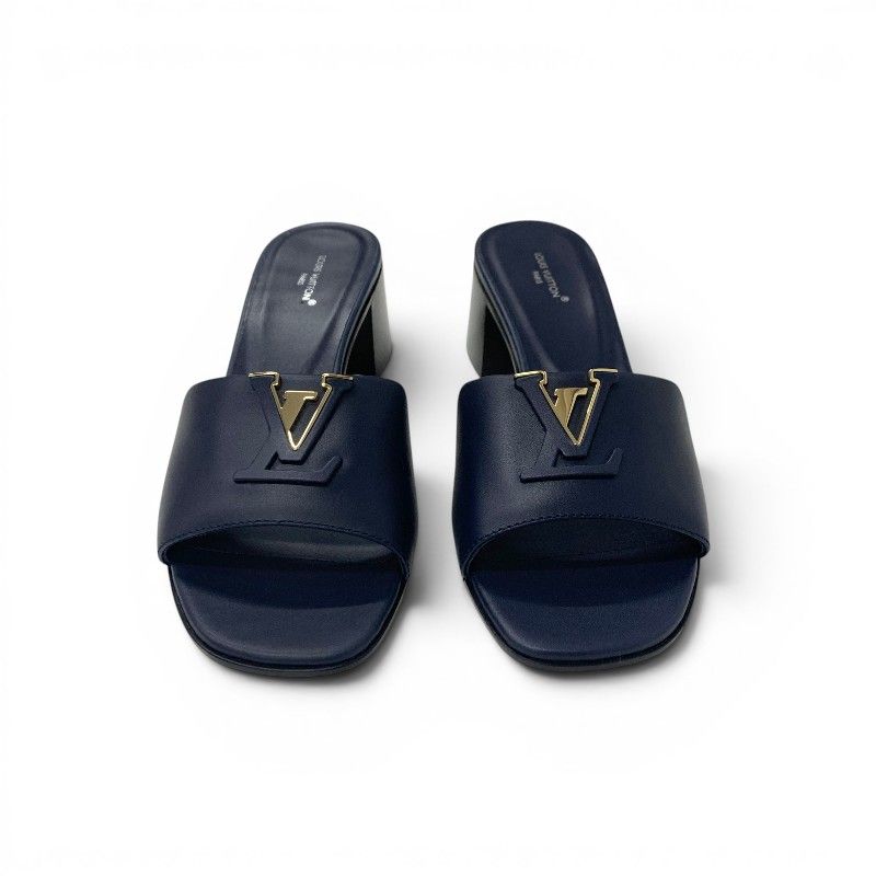 Louis Vuitton Marais Sandals Shoes Leather Navy Gold Logo Mules — view 2