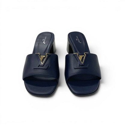 Louis Vuitton Marais Sandals Shoes Leather Navy Gold Logo Mules — view 2