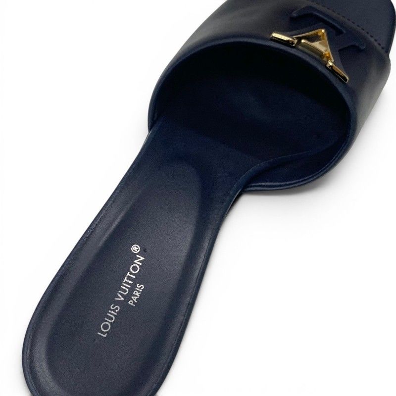 Louis Vuitton Marais Sandals Shoes Leather Navy Gold Logo Mules — view 7