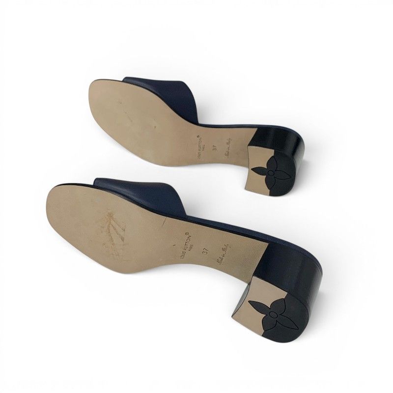 Louis Vuitton Marais Sandals Shoes Leather Navy Gold Logo Mules — view 6