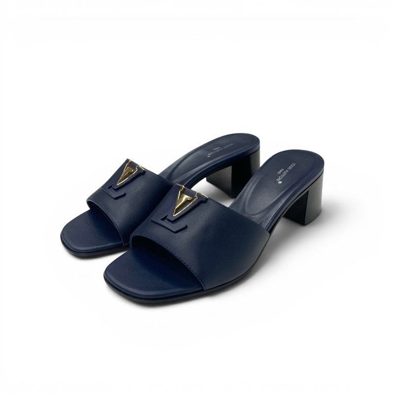Louis Vuitton Marais Sandals Shoes Leather Navy Gold Logo Mules