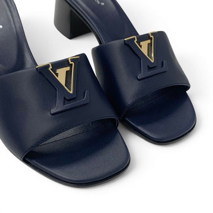 Louis Vuitton Marais Sandals Shoes Leather Navy Gold Logo Mules — view 9