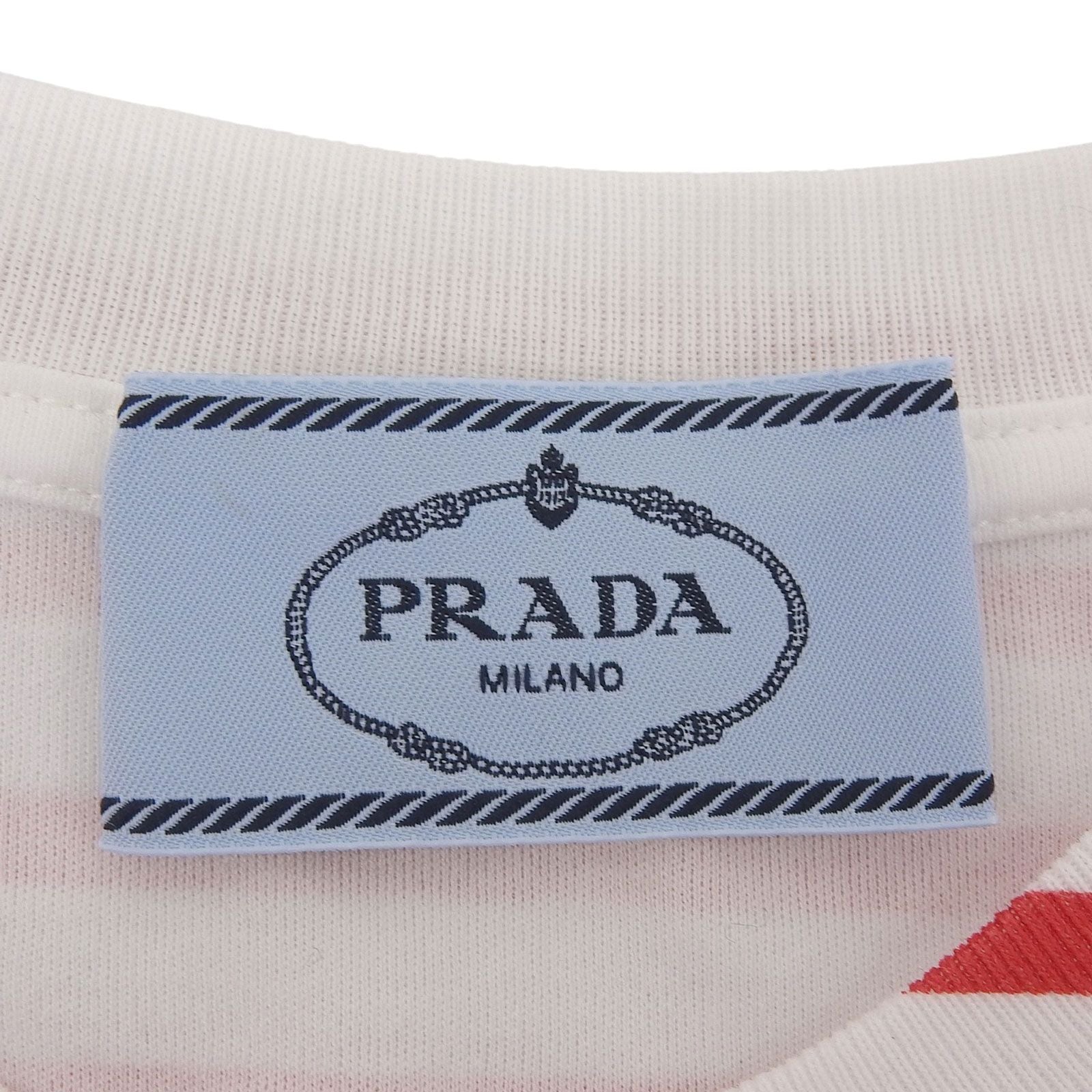 Prada Cotton 100% Triangle Logo Border Pattern Short Sleeve T-Shirt Red White XS — view 6