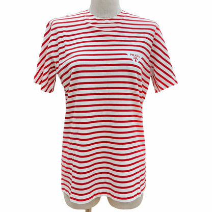 Prada Cotton 100% Triangle Logo Border Pattern Short Sleeve T-Shirt Red White XS