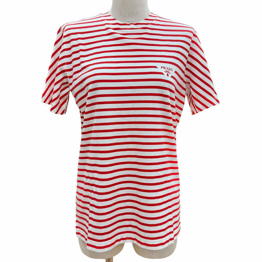 Prada Cotton 100% Triangle Logo Border Pattern Short Sleeve T-Shirt Red White XS