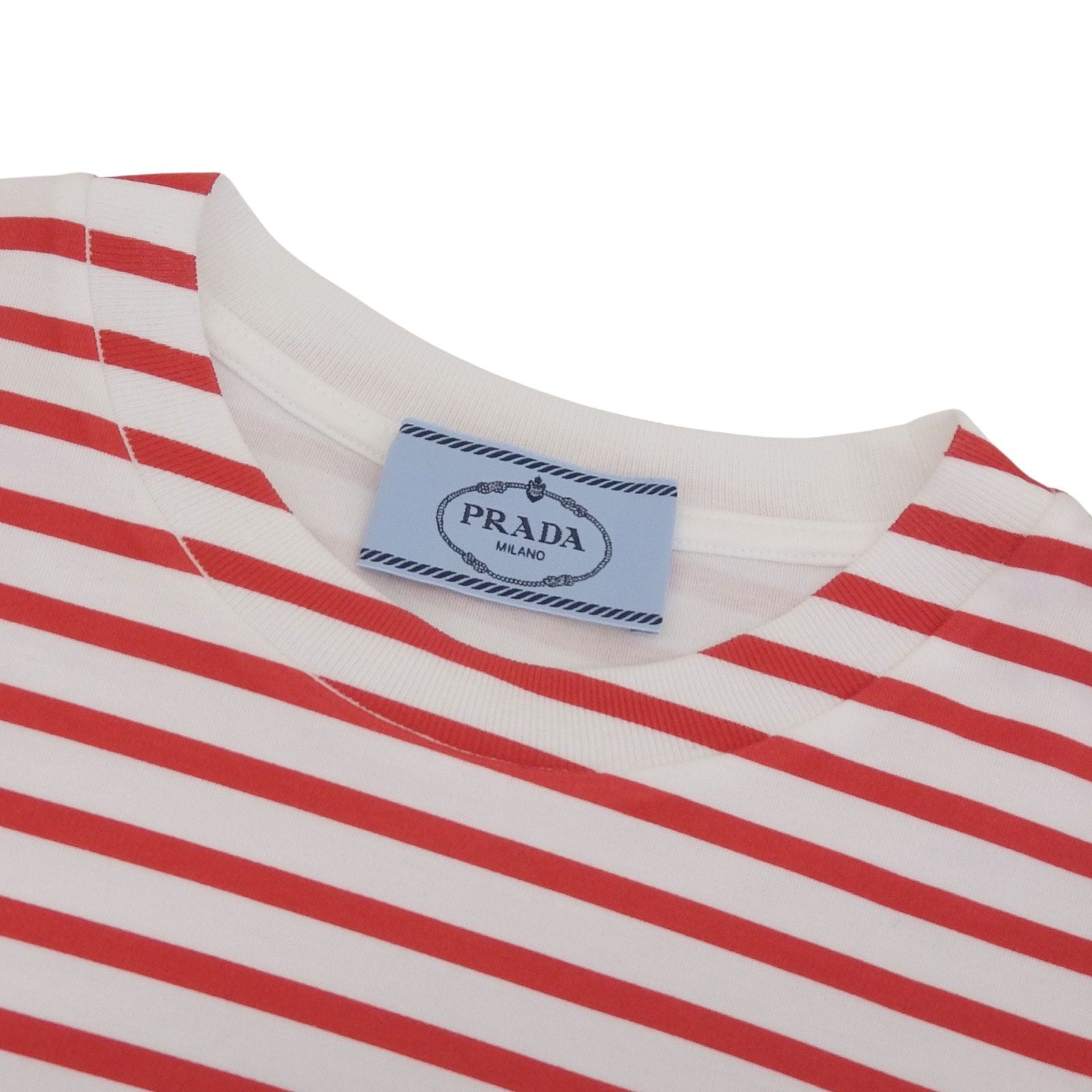Prada Cotton 100% Triangle Logo Border Pattern Short Sleeve T-Shirt Red White XS — view 4
