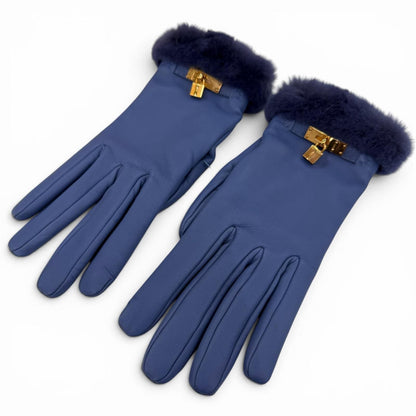 Hermes Kelly Gloves Lambskin Mink Gold Leather Blue 7.5 — view 4
