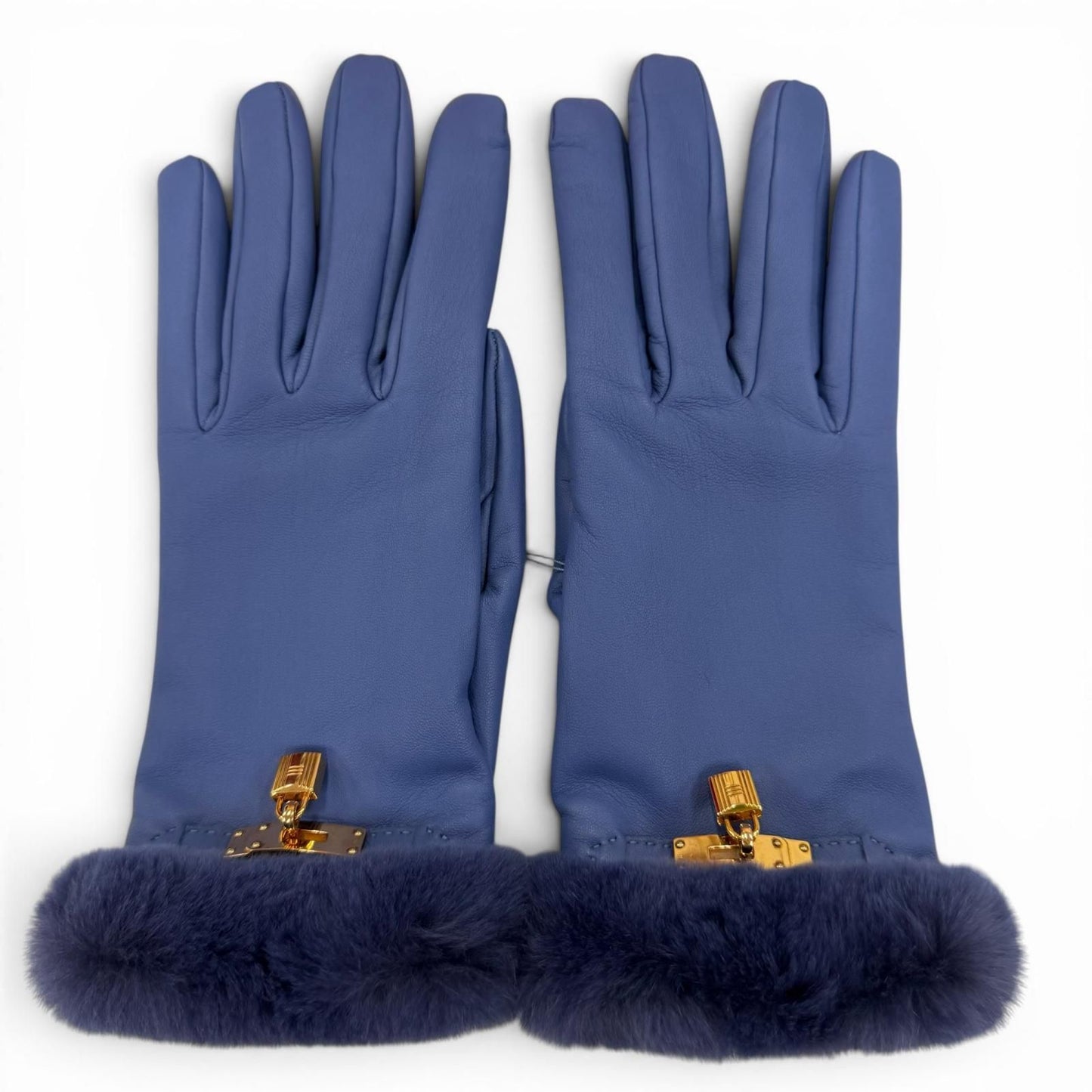 Hermes Kelly Gloves Lambskin Mink Gold Leather Blue 7.5 — view 3
