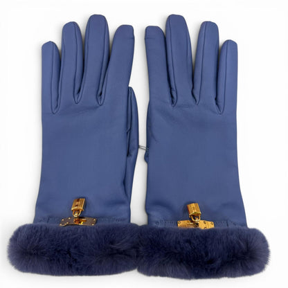 Hermes Kelly Gloves Lambskin Mink Gold Leather Blue 7.5 — view 3