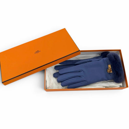 Hermes Kelly Gloves Lambskin Mink Gold Leather Blue 7.5 — view 2