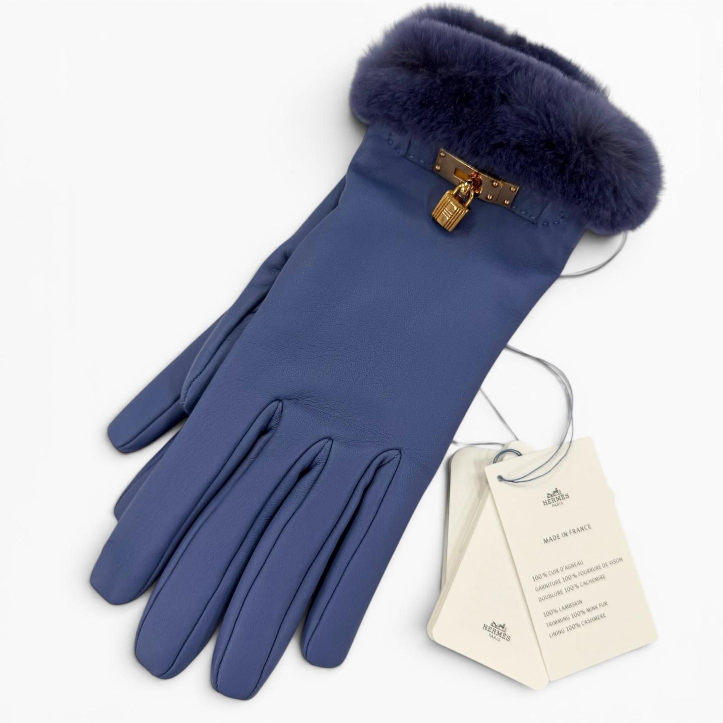 Hermes Kelly Gloves Lambskin Mink Gold Leather Blue 7.5