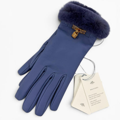 Hermes Kelly Gloves Lambskin Mink Gold Leather Blue 7.5