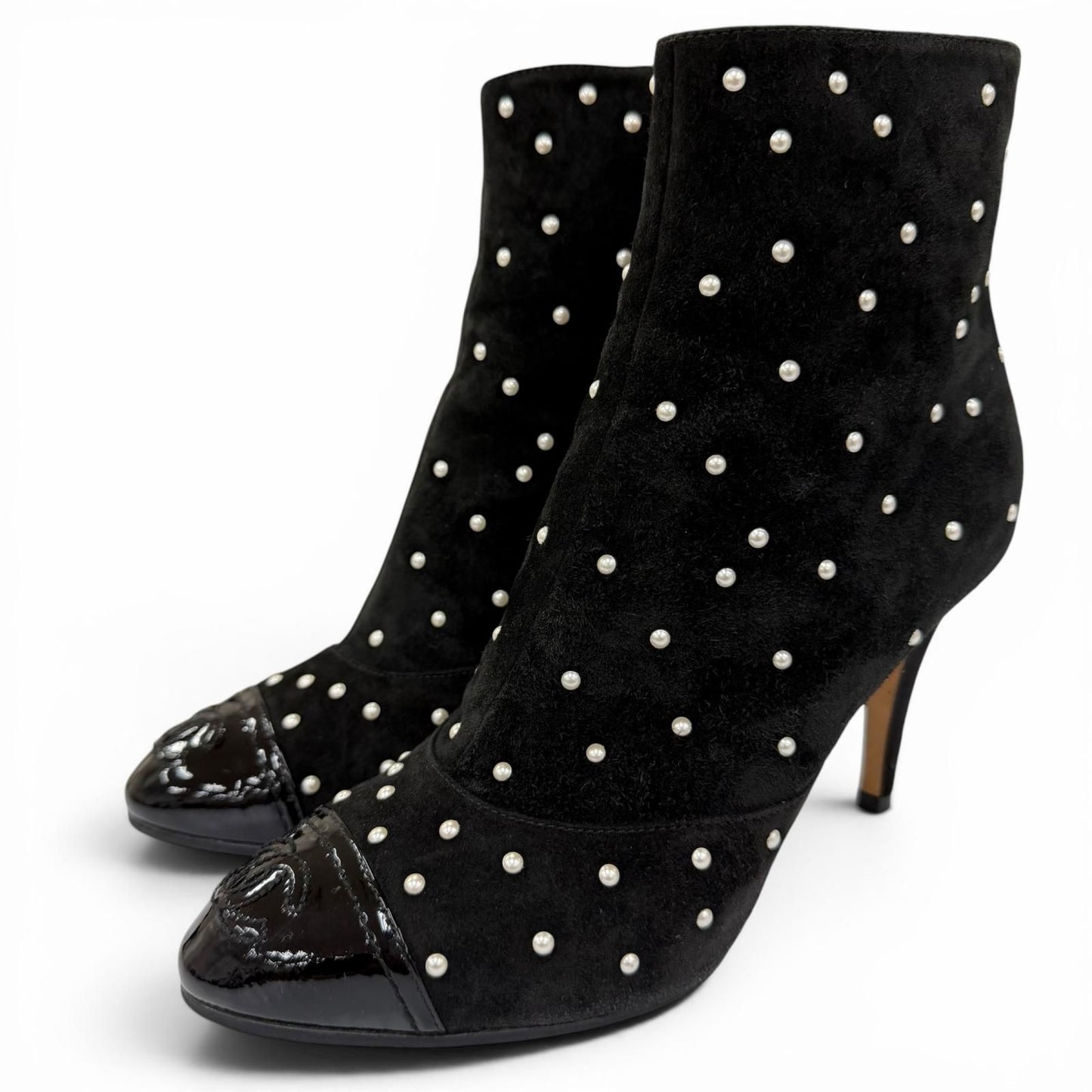 Chanel Suede Leather CC Logo Pearl Decoration Ankle Boots Black