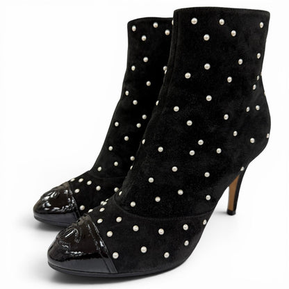 Chanel Suede Leather CC Logo Pearl Decoration Ankle Boots Black
