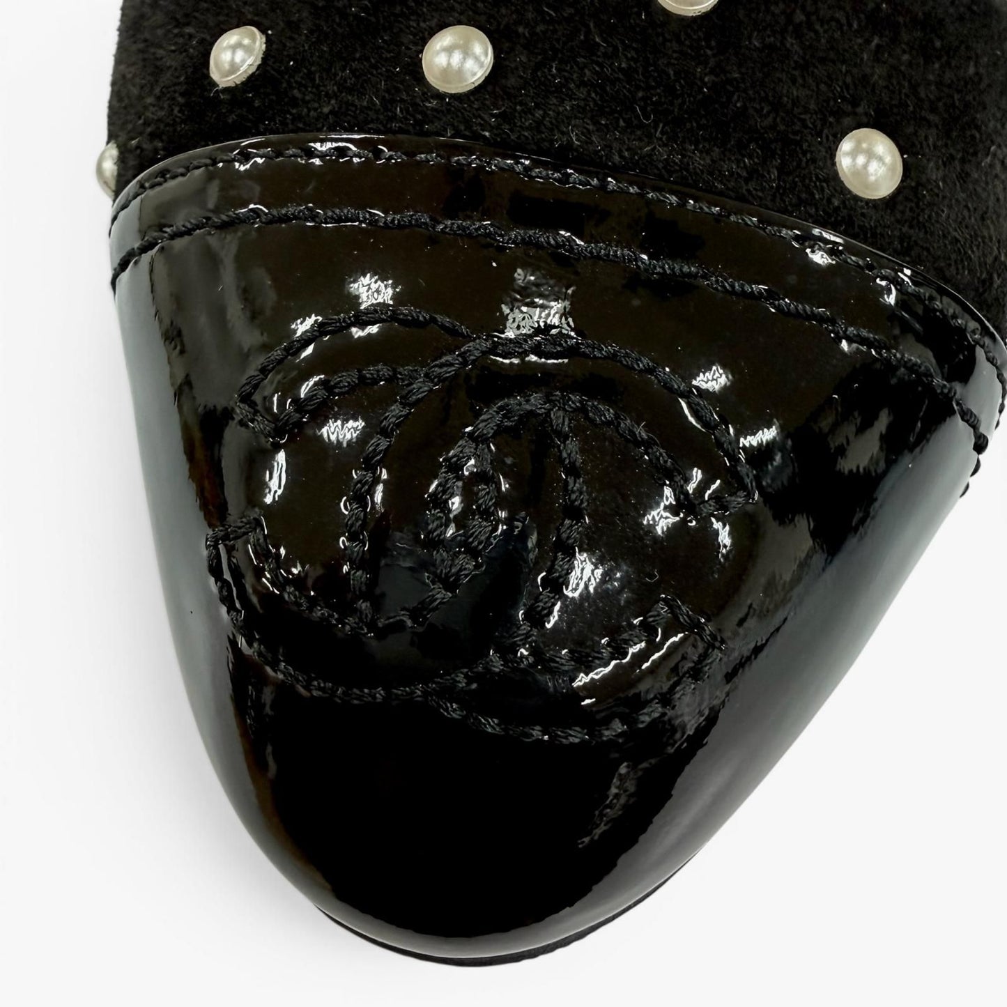 Chanel Suede Leather CC Logo Pearl Decoration Ankle Boots Black — view 9