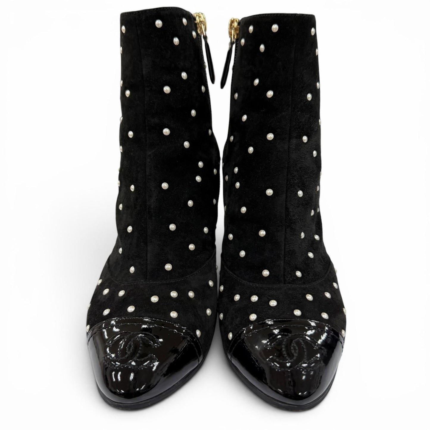 Chanel Suede Leather CC Logo Pearl Decoration Ankle Boots Black — view 4