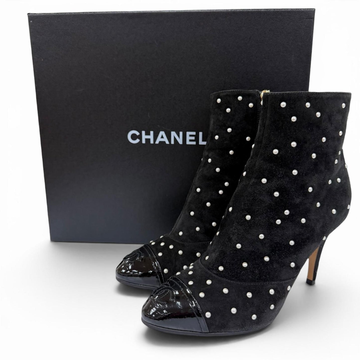 Chanel Suede Leather CC Logo Pearl Decoration Ankle Boots Black — view 2