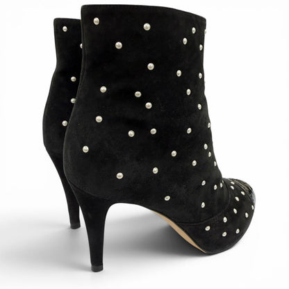 Chanel Suede Leather CC Logo Pearl Decoration Ankle Boots Black — view 3
