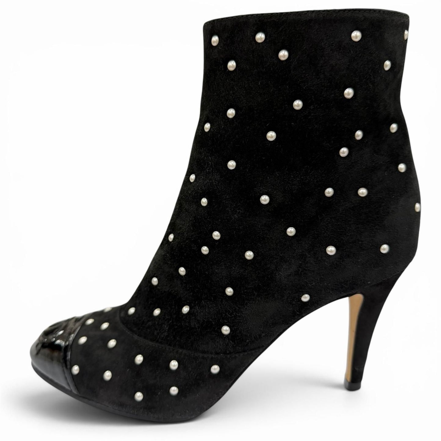 Chanel Suede Leather CC Logo Pearl Decoration Ankle Boots Black — view 5