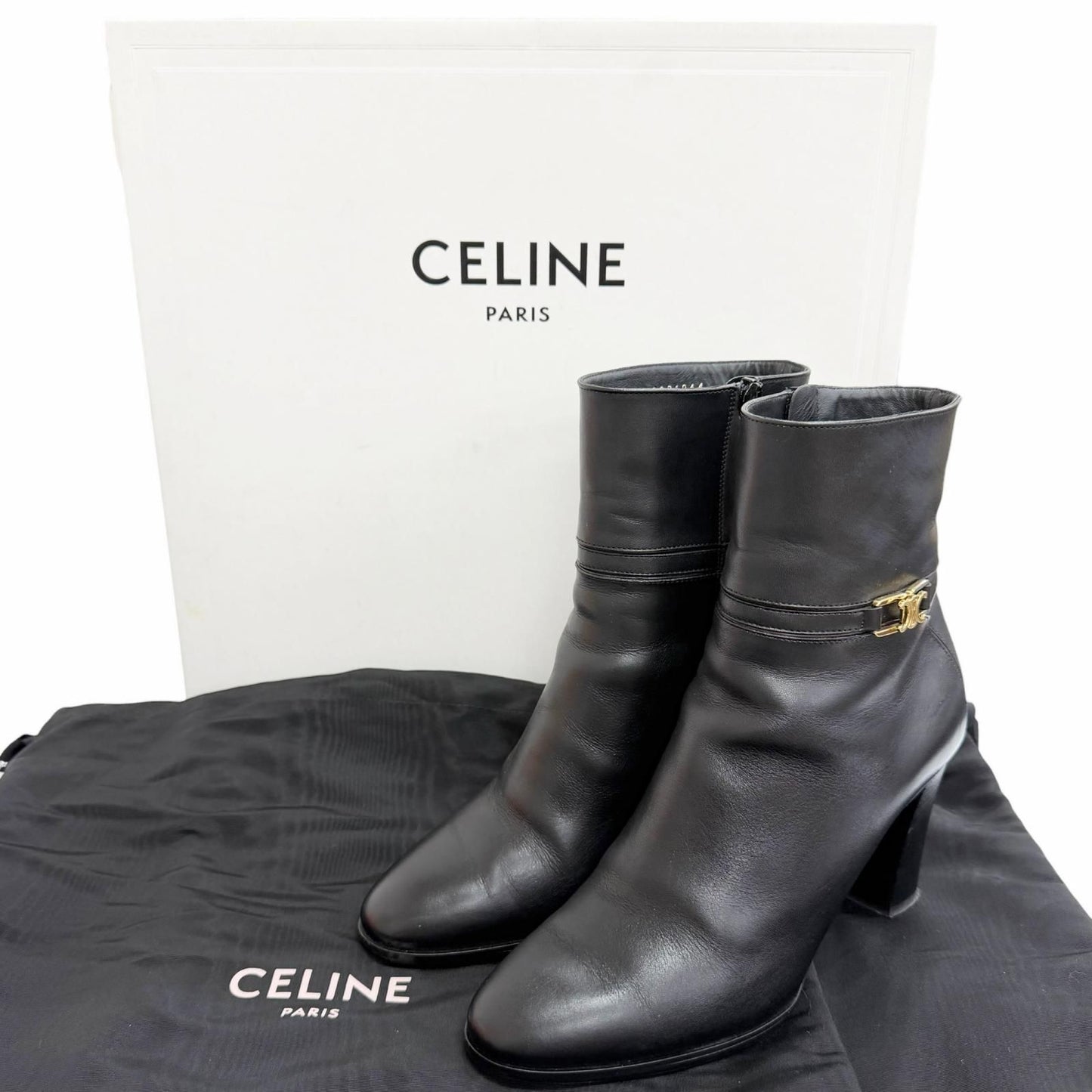 Celine Triomphe Side Zip Leather Ankle Boots Short Black — view 2
