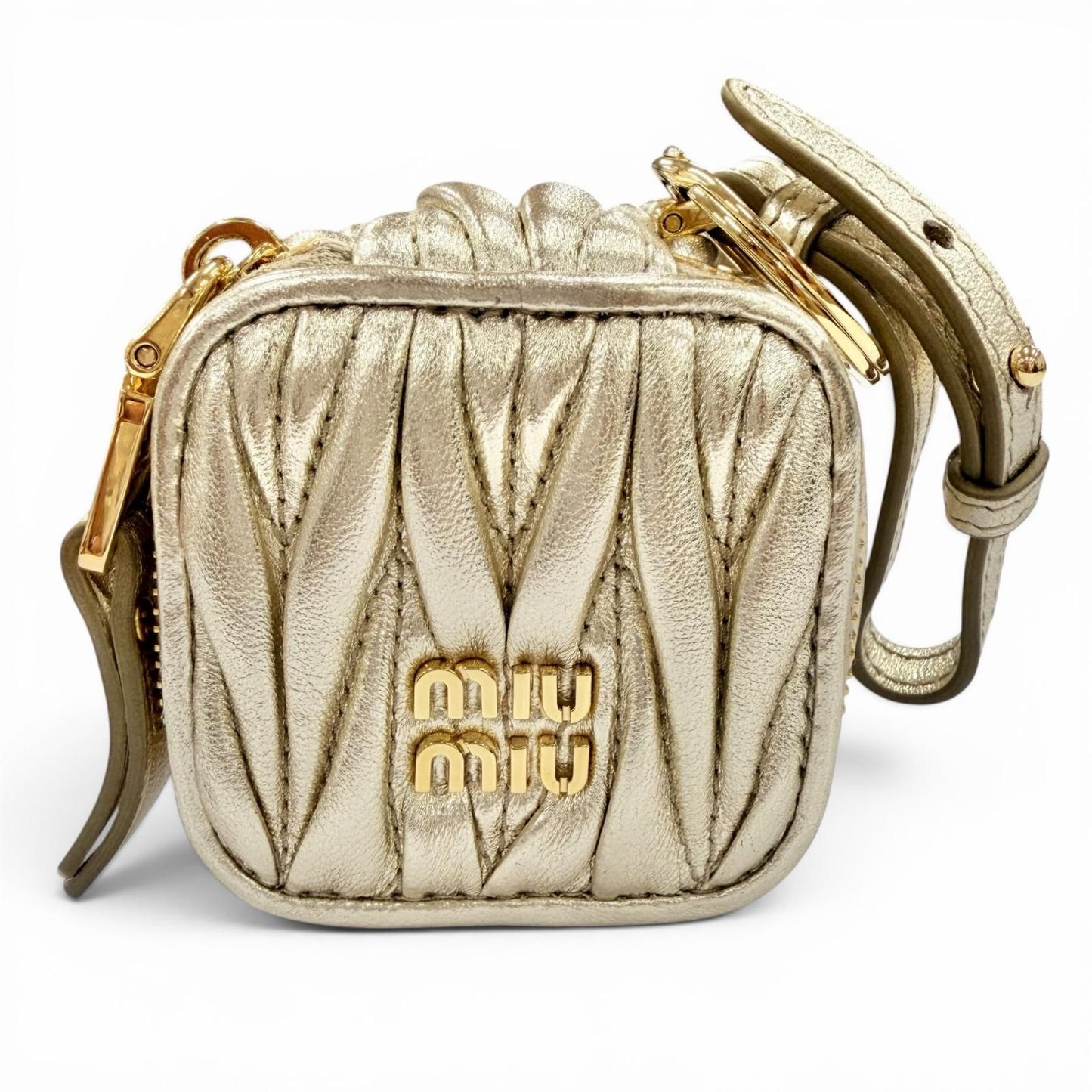 Miu Miu Trick Matelasse Keyring Leather Logo Charm Gold Key Holder