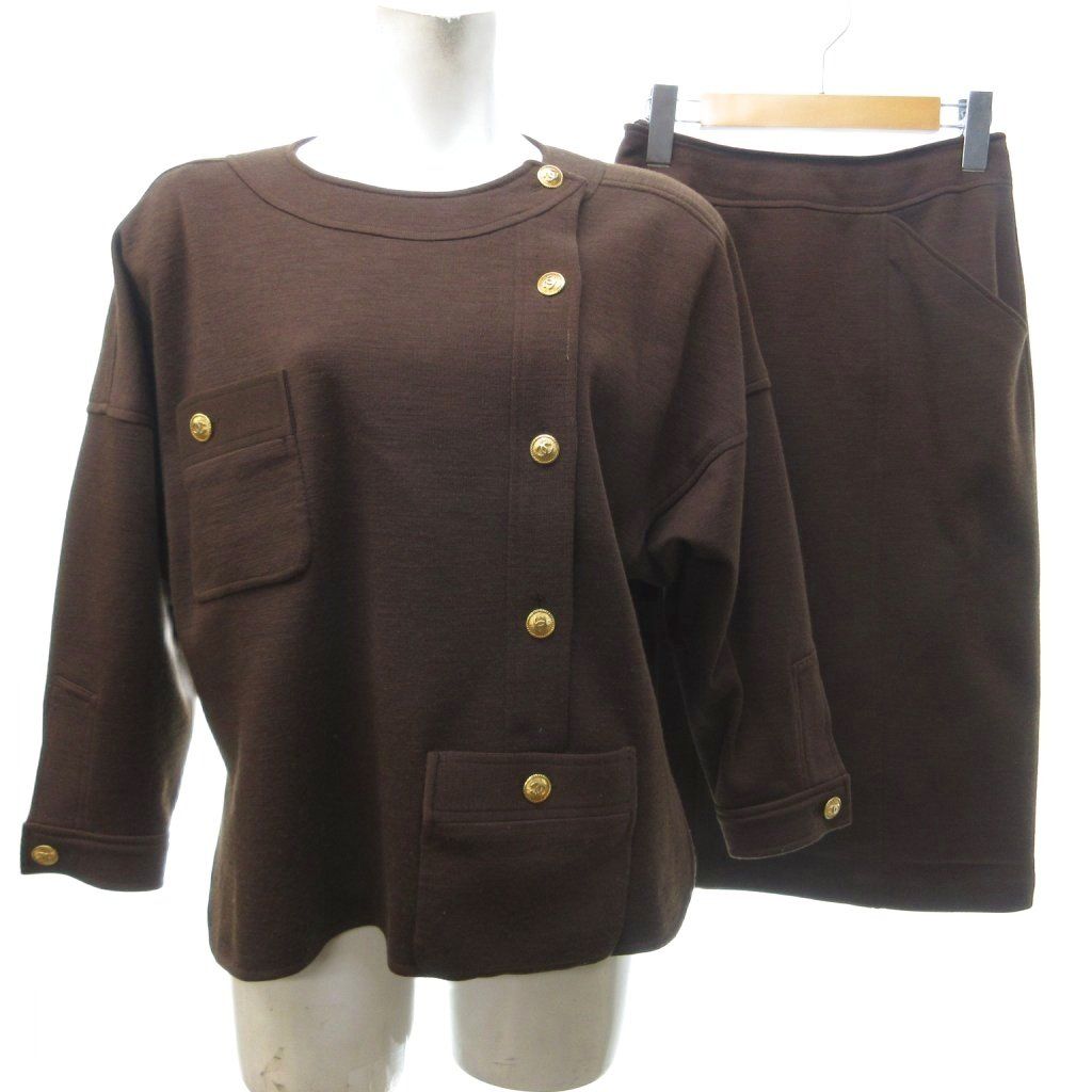 Chanel Vintage Skirt Suit Set CC Logo Button Off Center Tight Long Brown HW