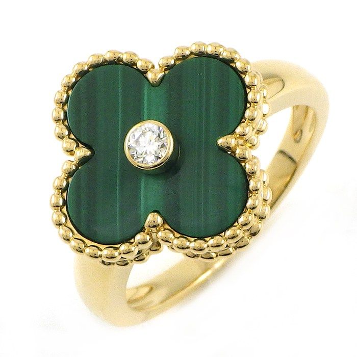 Van Cleef & Arpels Ring Vintage Alhambra Point Diamond Malachite 18k Yellow Gold