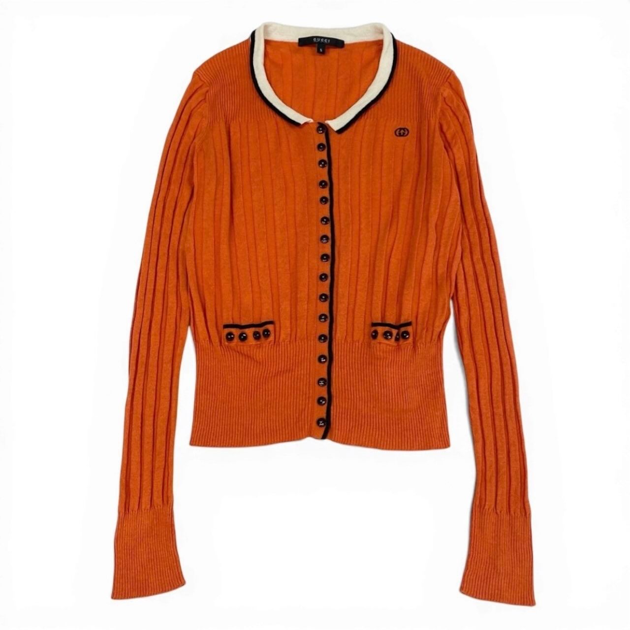 Gucci Era Rib Knit Long Sleeve Digan Interlocking One Point Embroidery Linen — view 2