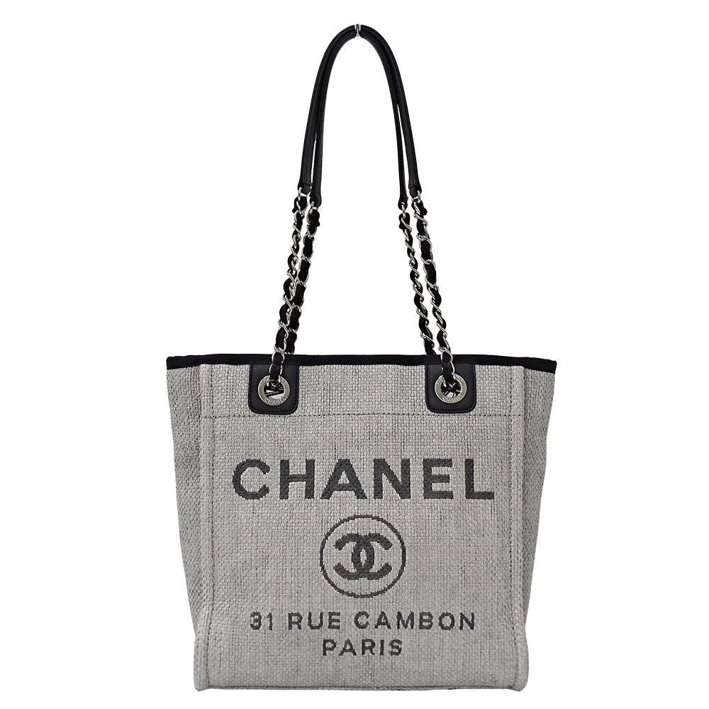 Chanel Deauville Tote PM Raffia Gray Silver Chain