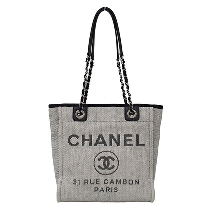 Chanel Deauville Tote PM Raffia Gray Silver Chain