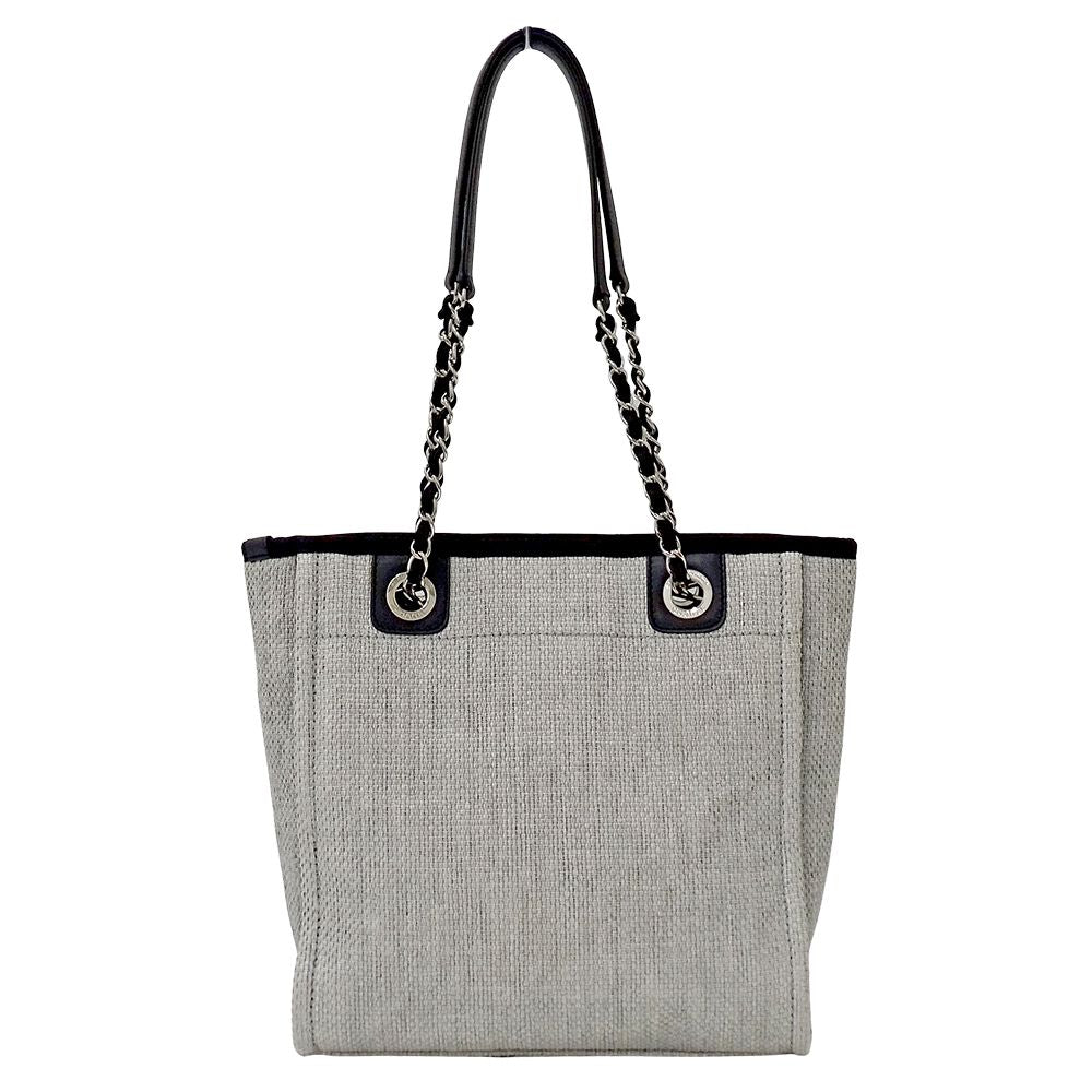 Chanel Deauville Tote PM Raffia Gray Silver Chain — view 2