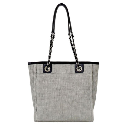 Chanel Deauville Tote PM Raffia Gray Silver Chain — view 2
