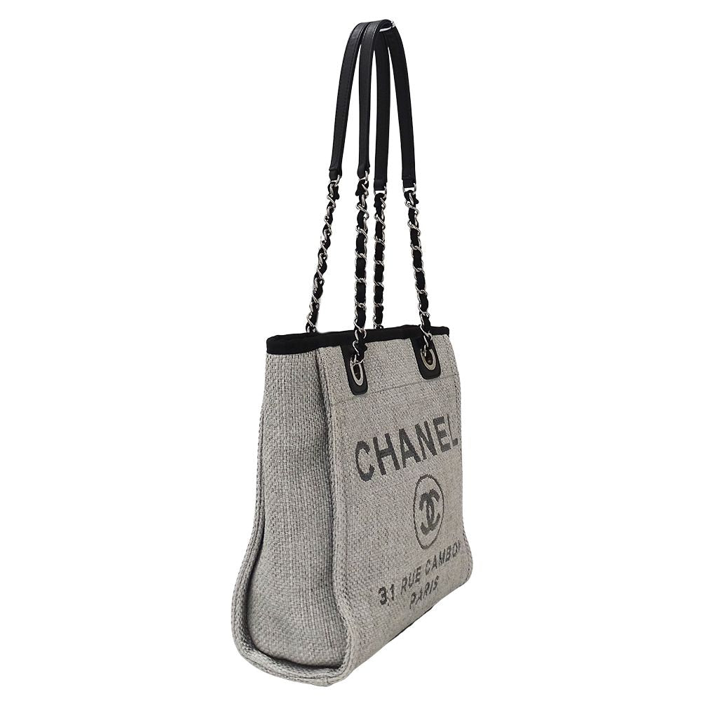 Chanel Deauville Tote PM Raffia Gray Silver Chain — view 4