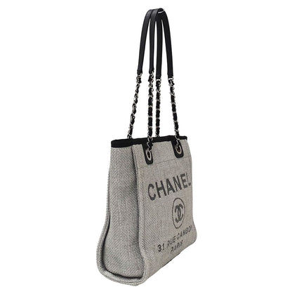 Chanel Deauville Tote PM Raffia Gray Silver Chain — view 4