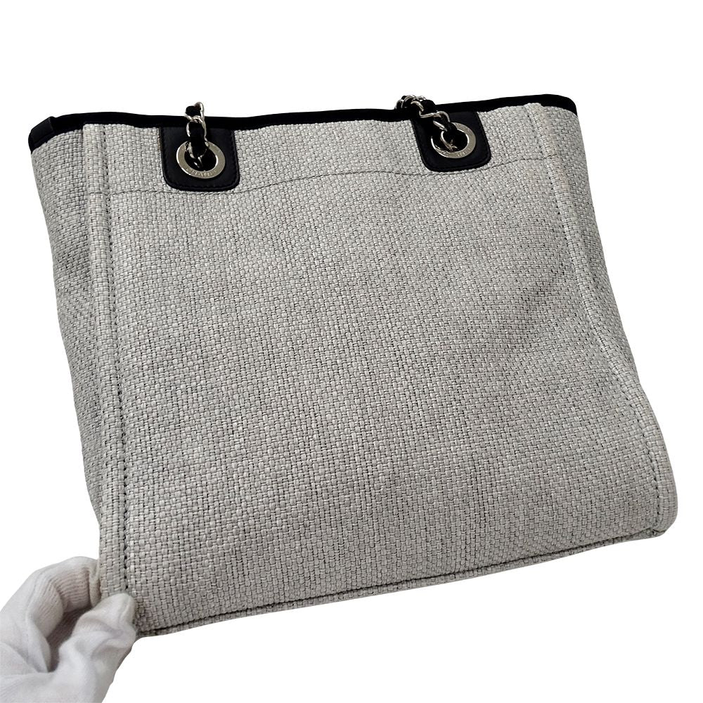 Chanel Deauville Tote PM Raffia Gray Silver Chain — view 9