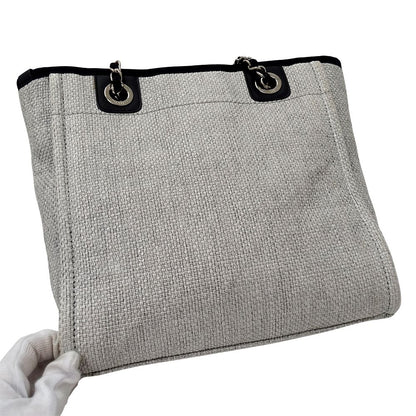 Chanel Deauville Tote PM Raffia Gray Silver Chain — view 9