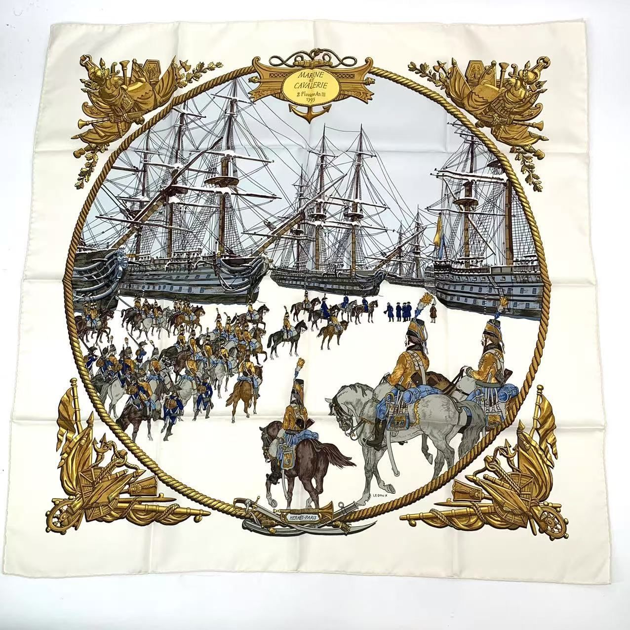 Hermes Carre 90 Marine Et Cavalerie Sea and Cavalry Silk Scarf White