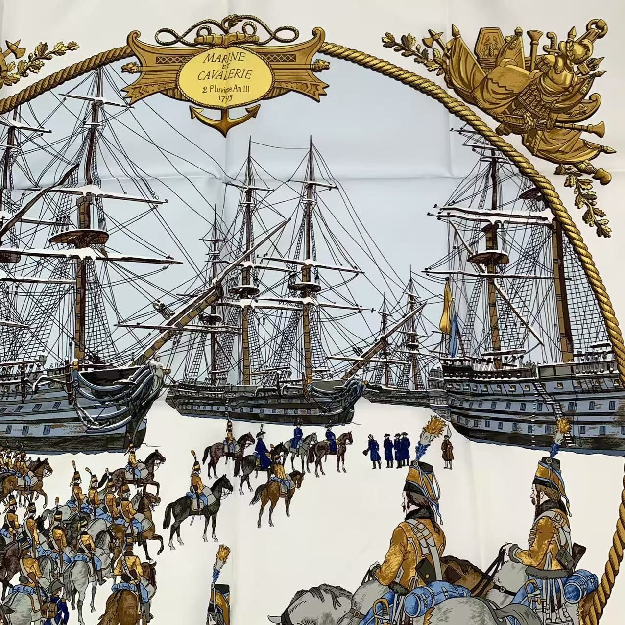 Hermes Carre 90 Marine Et Cavalerie Sea and Cavalry Silk Scarf White — view 2